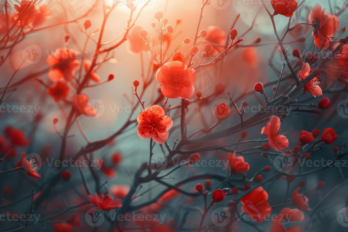 Sunlight gently kissing blooming red flowers on branches photo