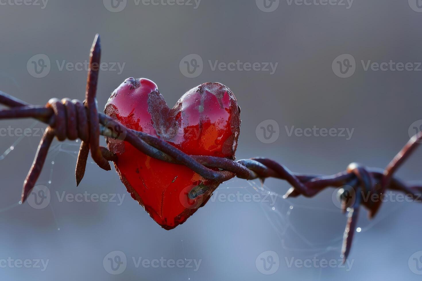 Red heart hanging on barbed wire symbolizing forbidden love photo