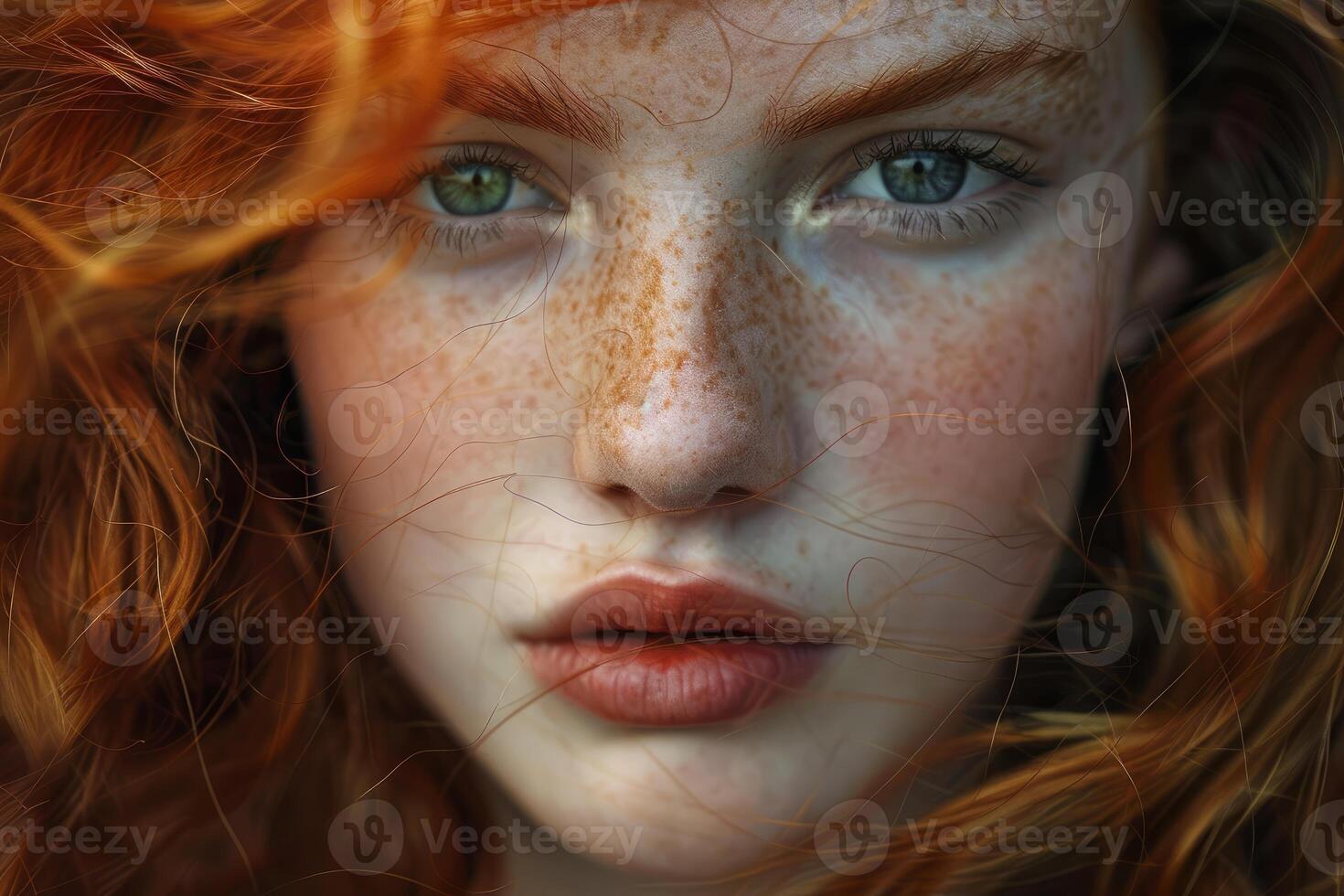 Portrait of redhead model showing freckles and green eyes photo