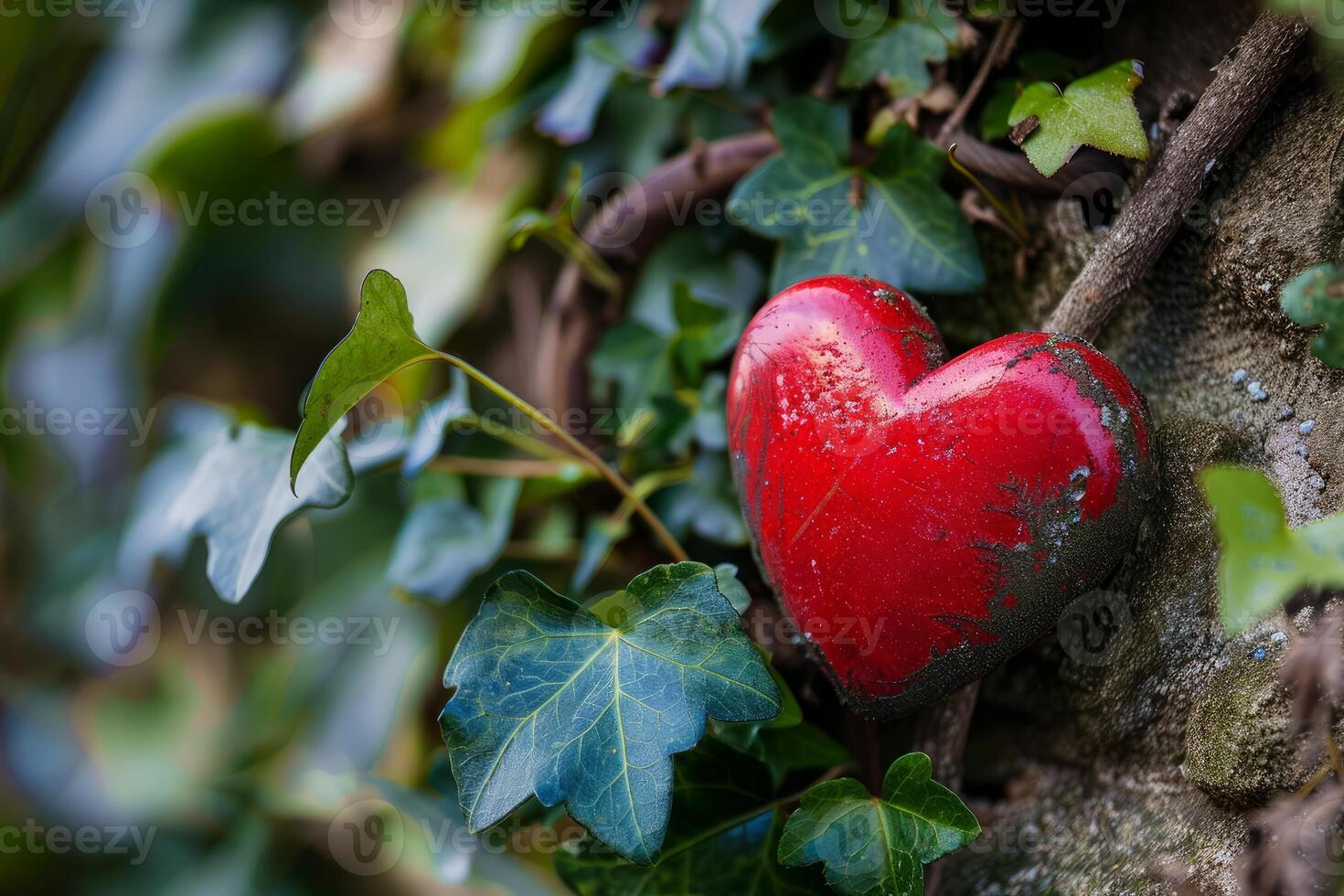 Red heart hanging on ivy covered tree trunk symbolizing love and nature photo