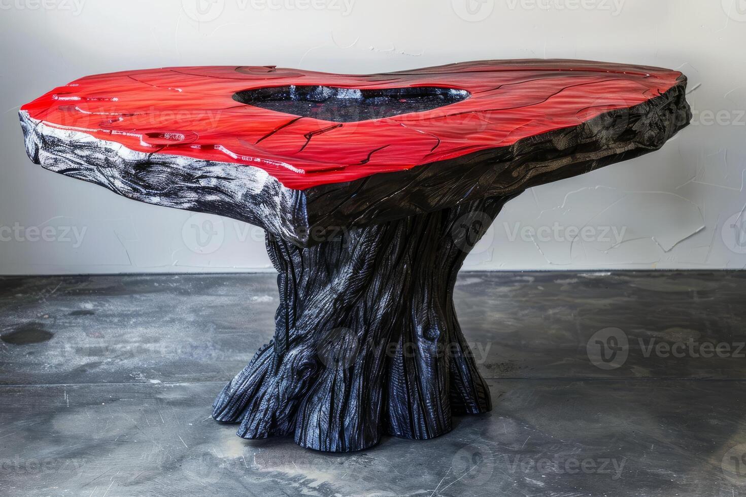 Modern red and black coffee table with heart shaped epoxy resin filling standing on gray floor photo