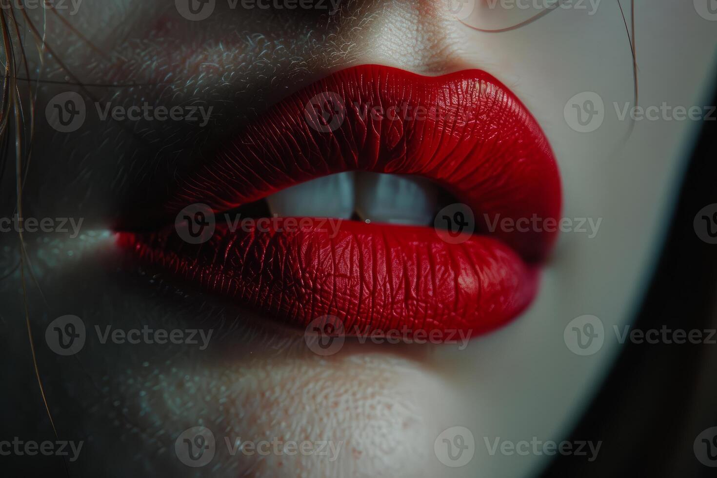 Woman showing red lipstick, white teeth, and part of face photo