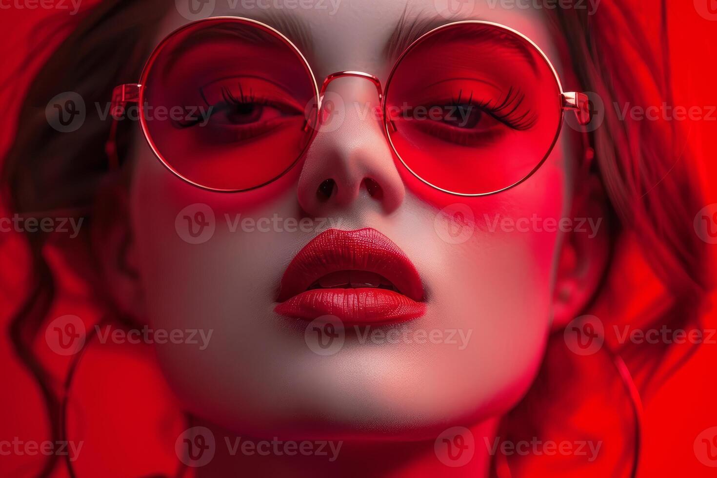 Fashion model wearing red sunglasses and red lipstick in red background photo