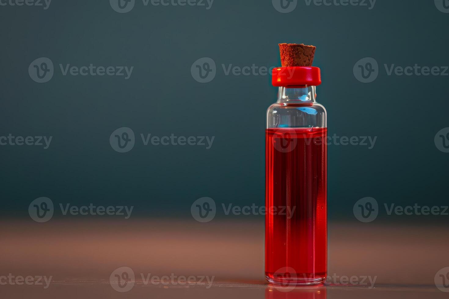 Small glass bottle containing red liquid with cork lid photo