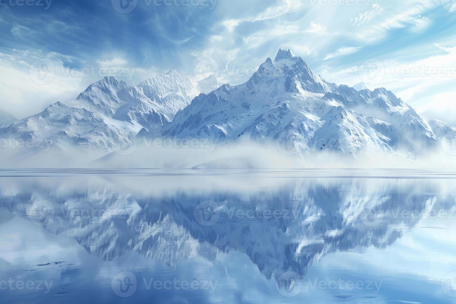 Snow covered mountains reflecting in calm water under blue sky photo