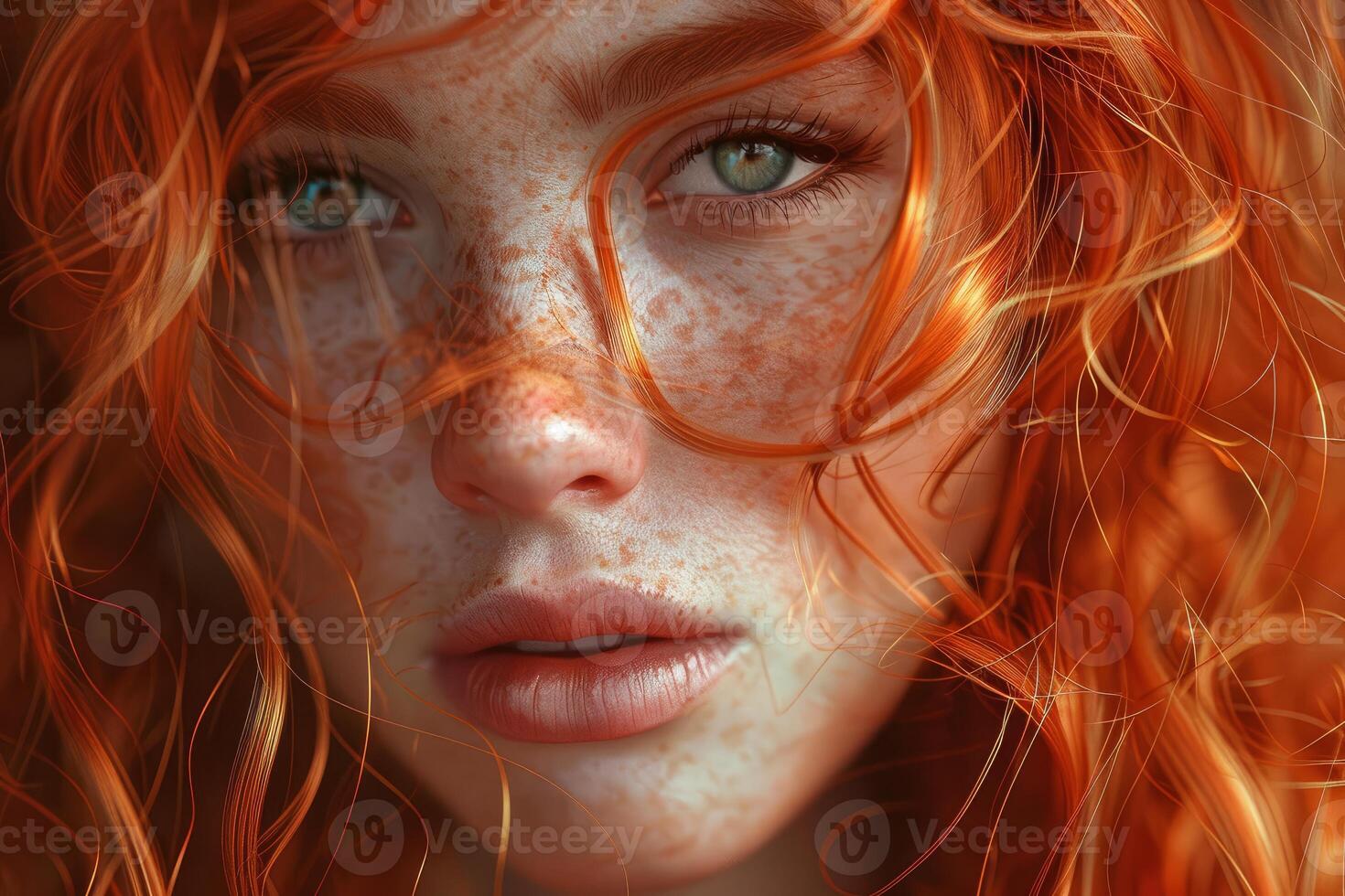 Portrait of redhead freckled woman with stylish eyeglasses and long, flowing hair photo