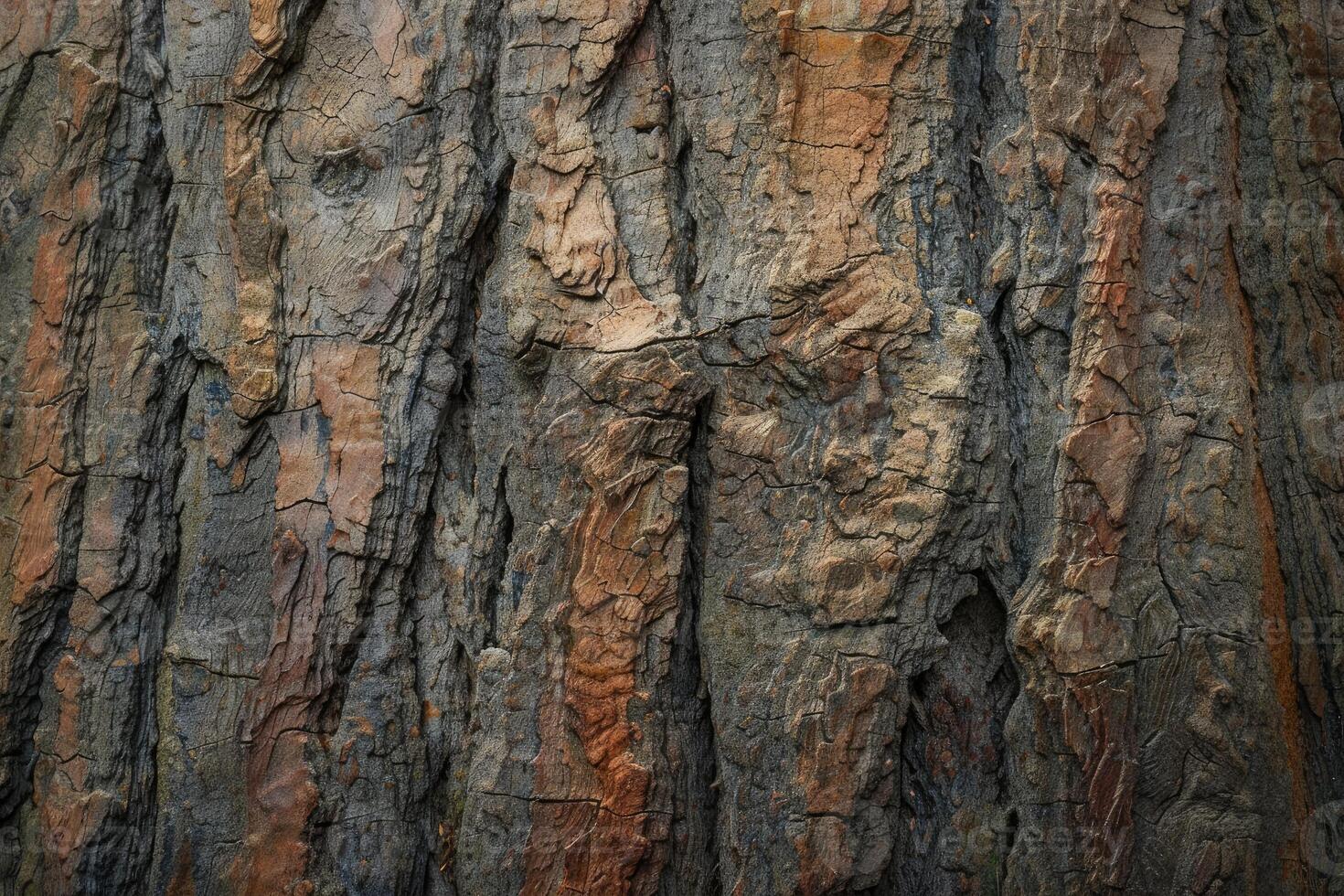 Close up of cracked tree bark showing intricate texture and patterns photo