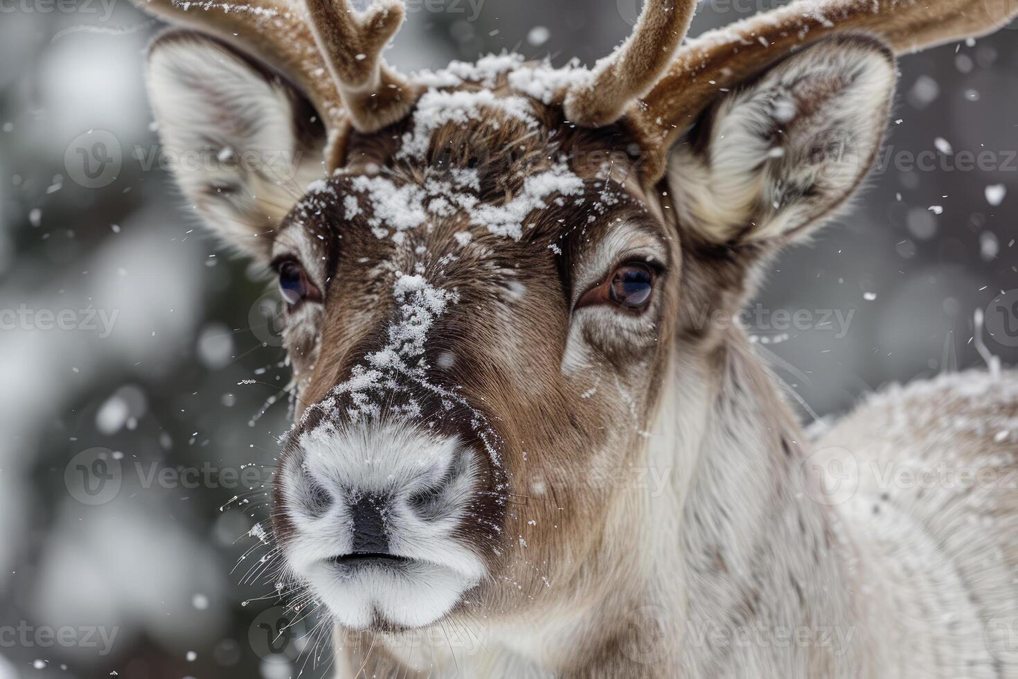 Reindeer looking at camera during snowfall in winter forest photo