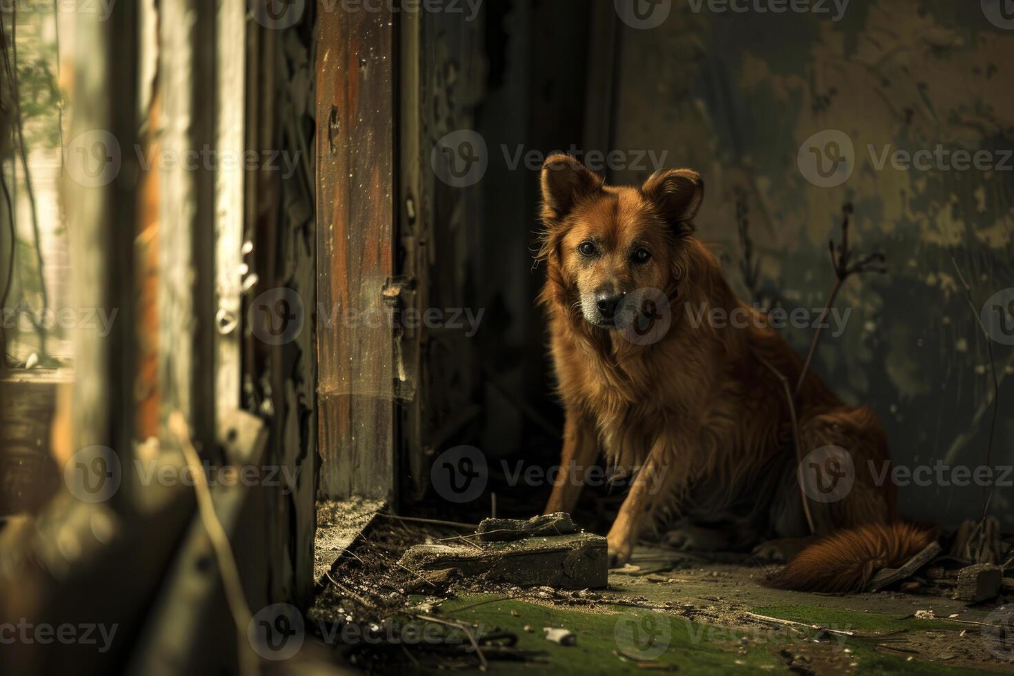 Sad dog sitting in abandoned house near broken window photo