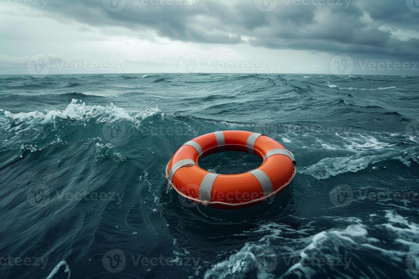 Lifebuoy floating on rough sea under stormy sky symbolizing hope and rescue photo