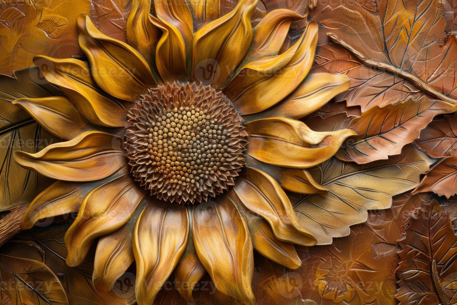 Golden sunflower carving blooming on wooden background photo