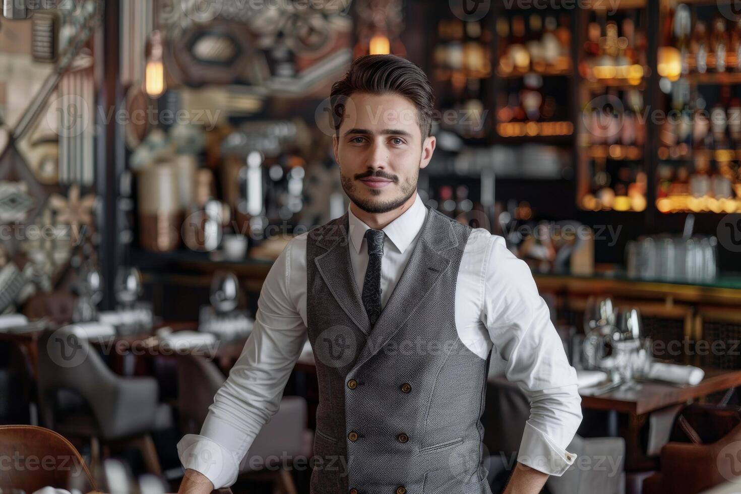 Restaurant manager posing in upscale restaurant with bar in background photo