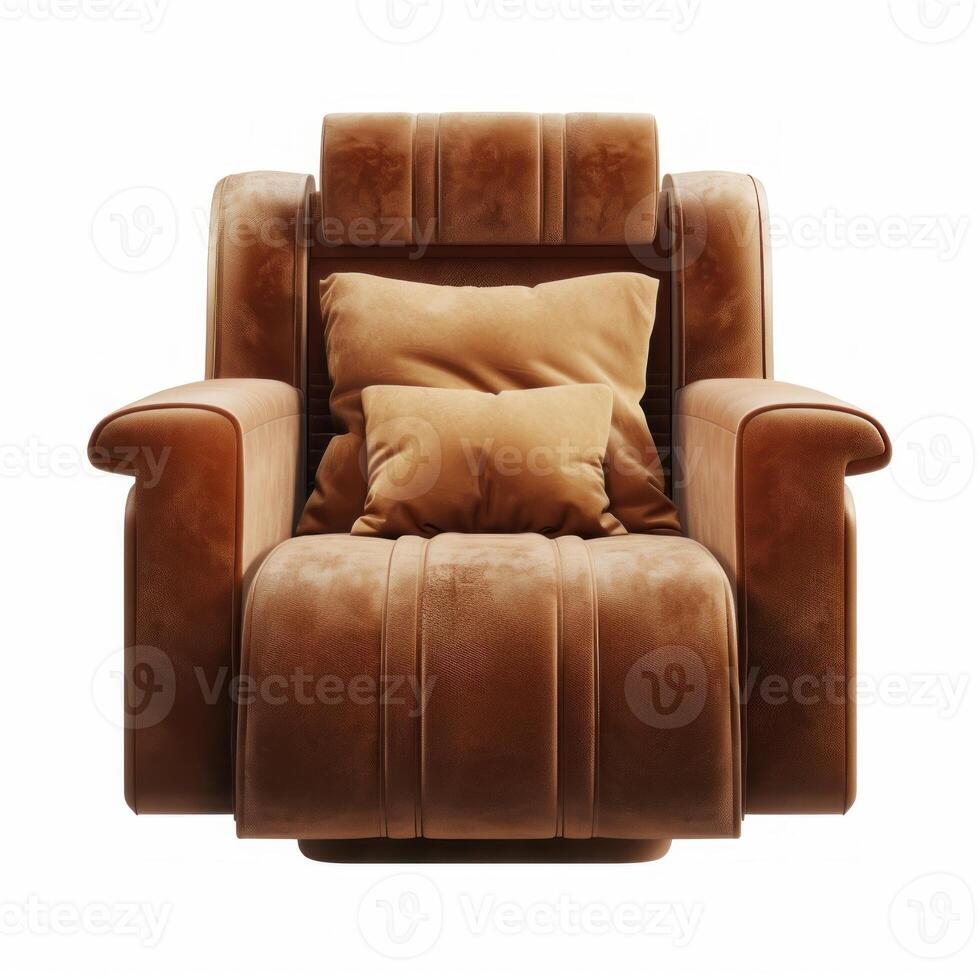 Comfortable orange velvety upholstered armchair with cushions on white background photo