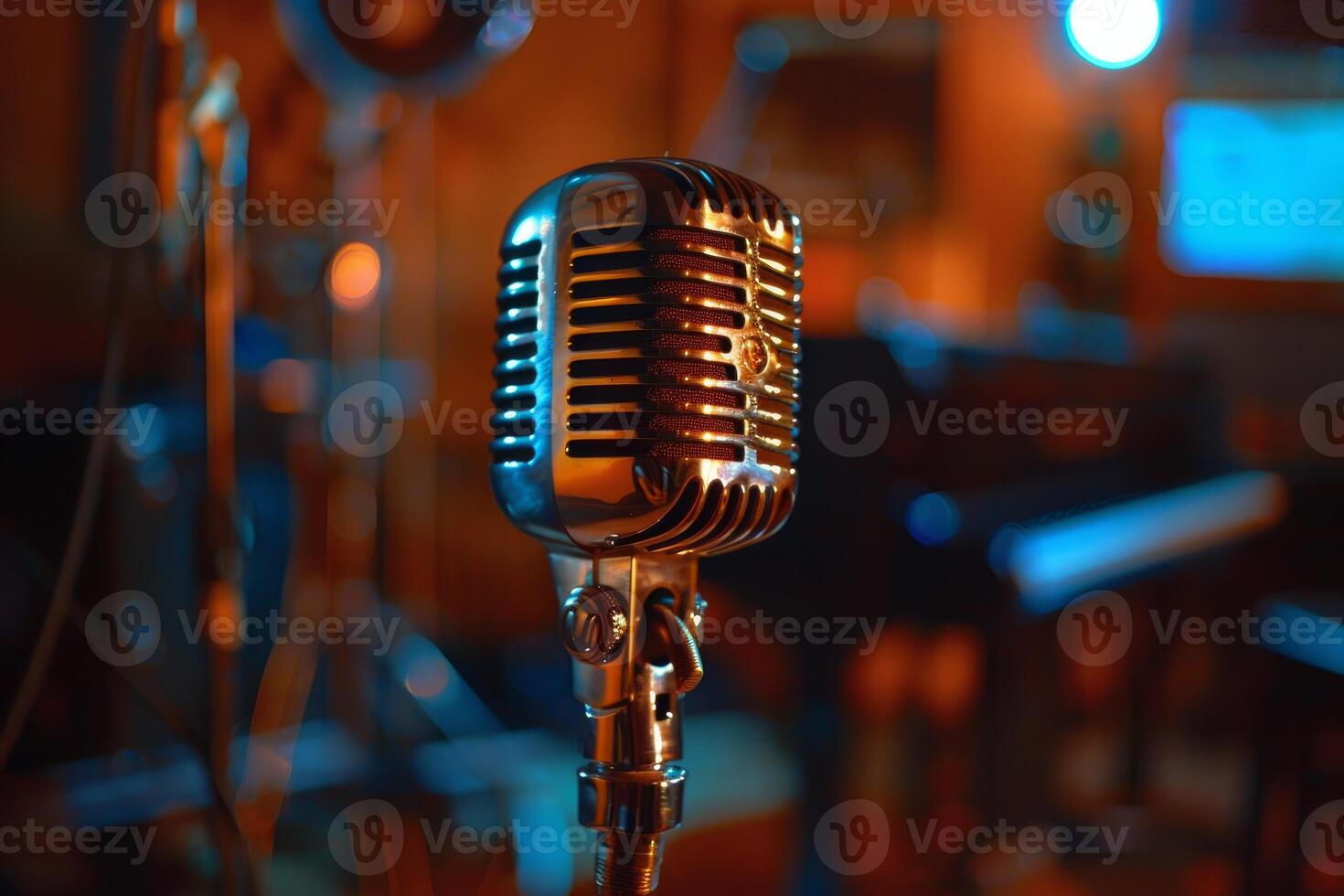 Vintage microphone stands ready for recording session in music studio photo