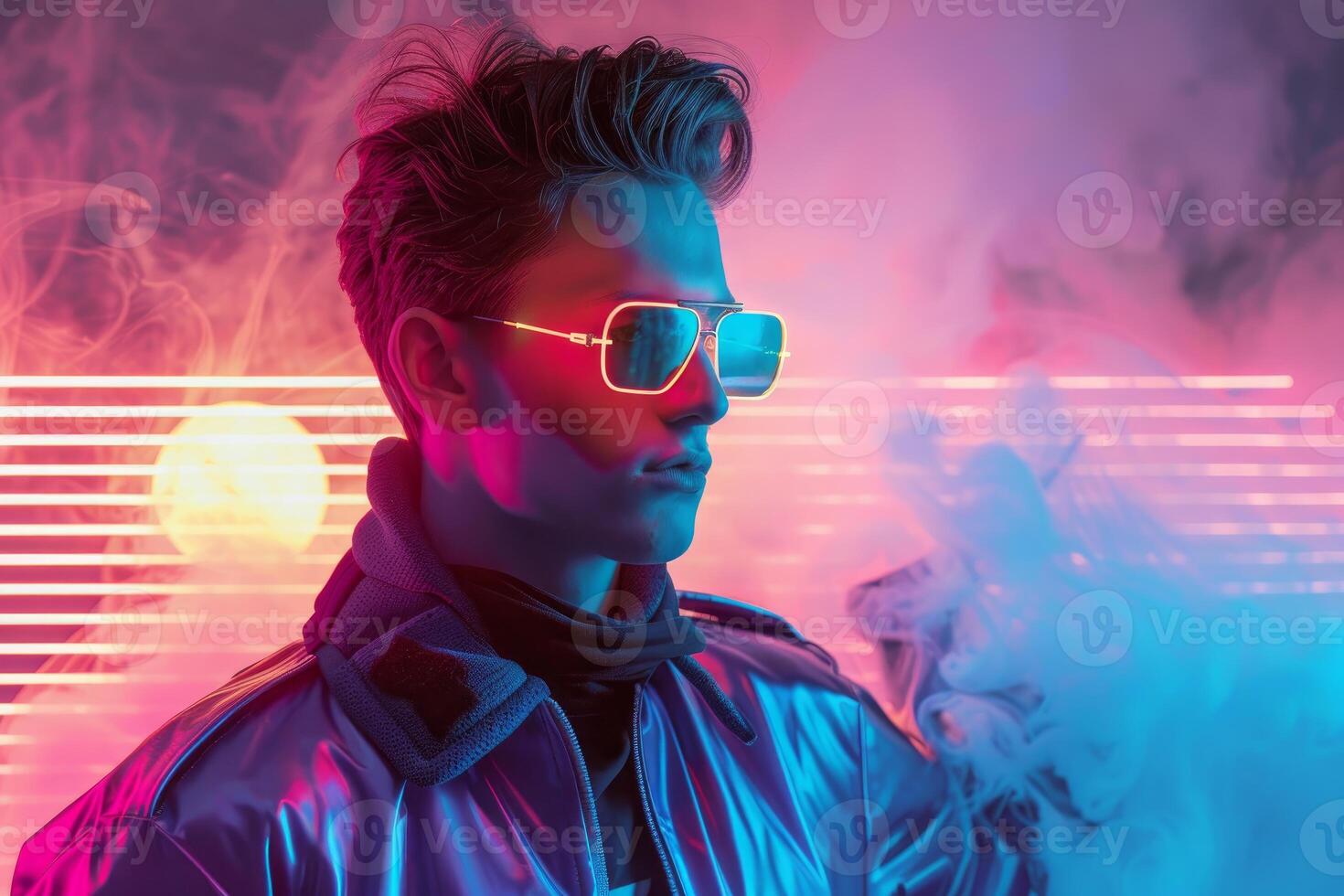 Trendy man wearing sunglasses posing in a neon lit environment with smoke photo