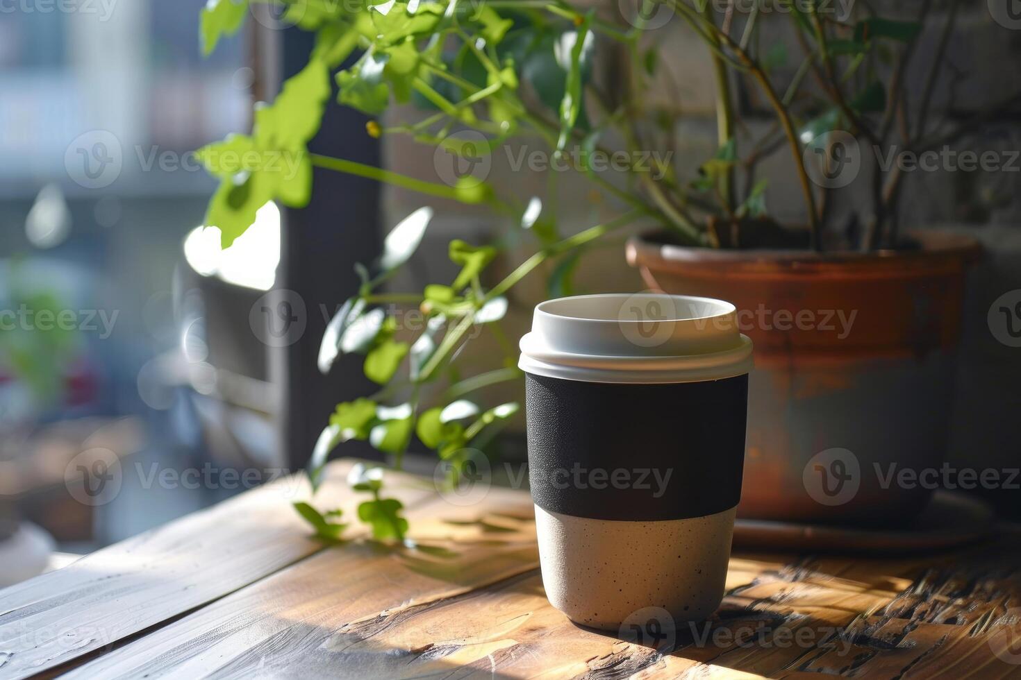 Reusable coffee cup standing on wooden table in cozy cafe photo
