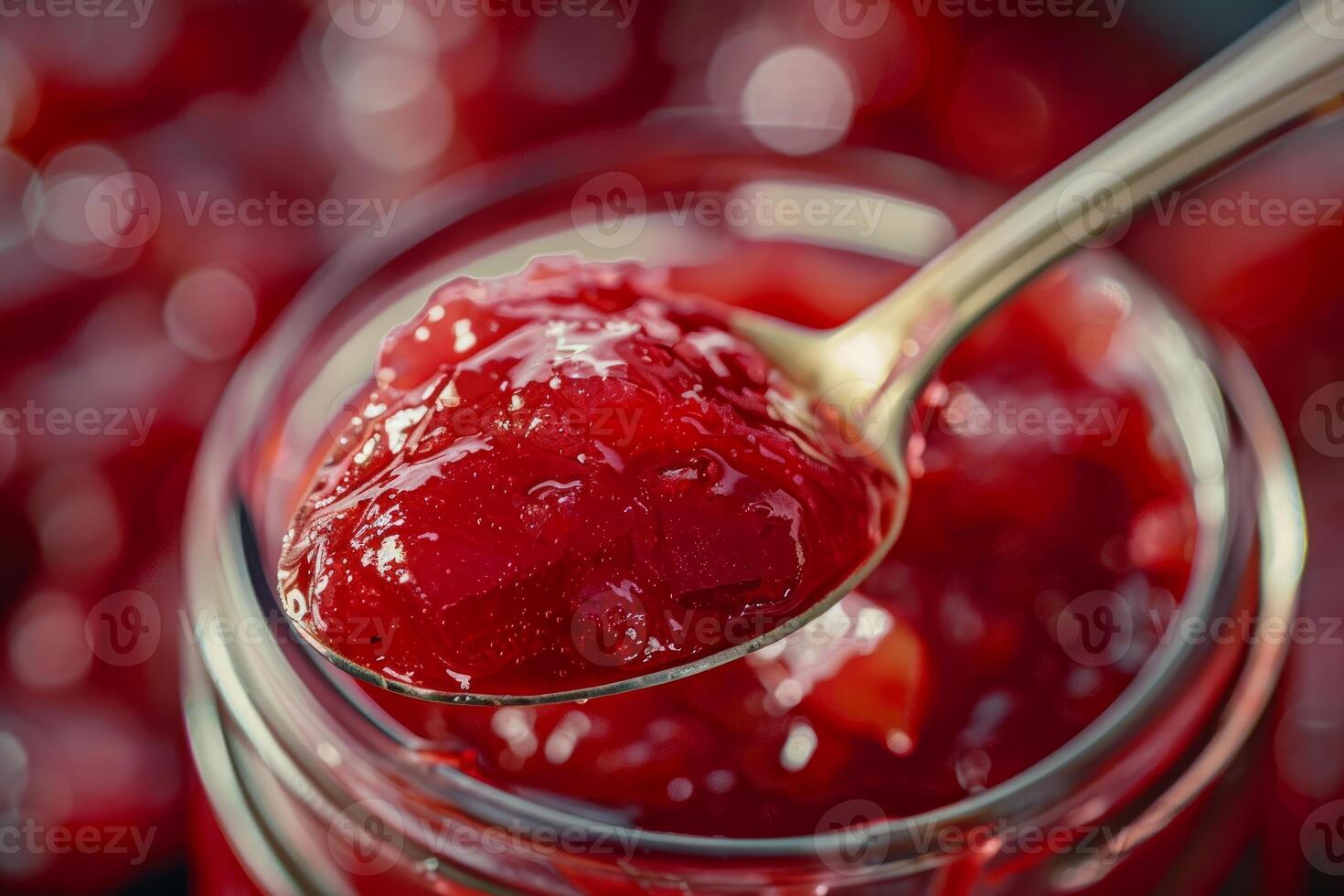 Spoon lifting delicious homemade red fruit jam from jar photo