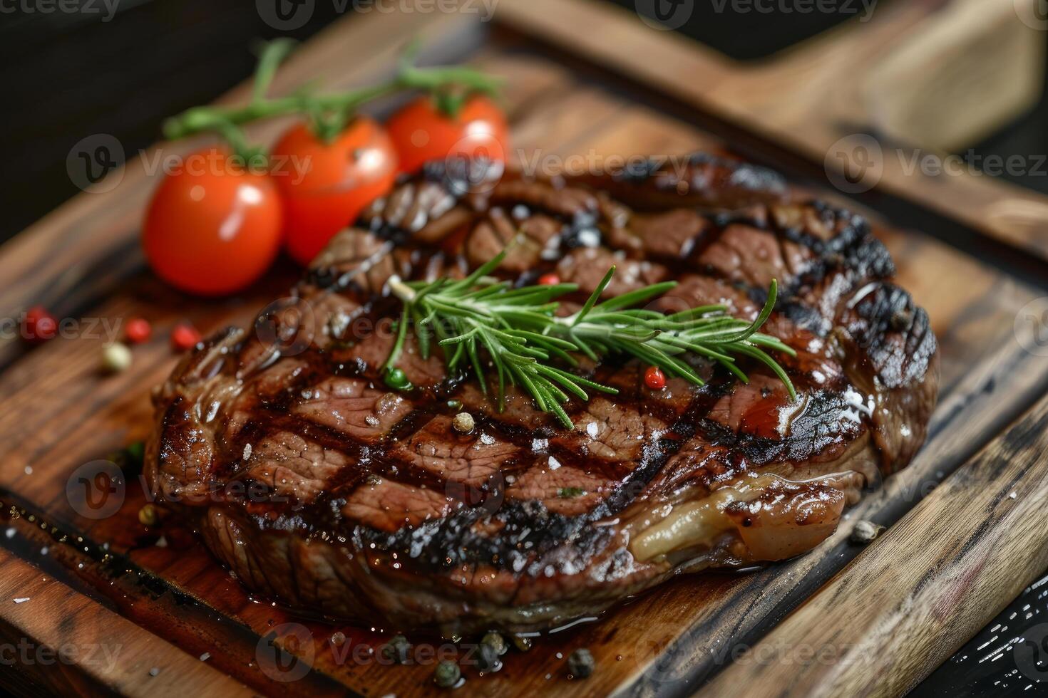 Grilled ribeye steak with rosemary and cherry tomatoes on wooden cutting board photo