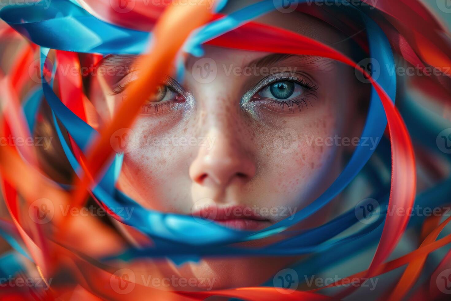 Teenager girl looking through colorful ribbons, covering her face photo