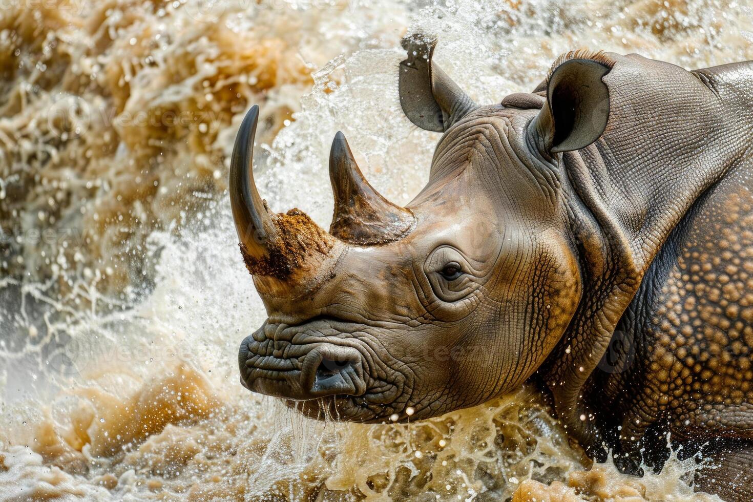 Indian rhinoceros emerging from muddy water, splashing around photo