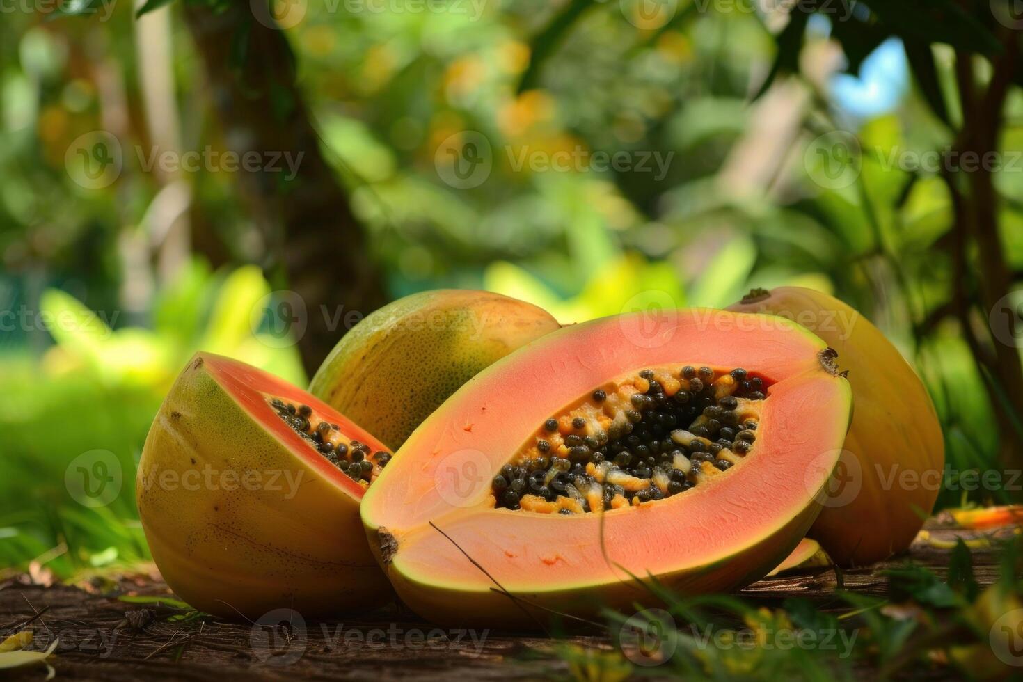 Fresh papaya showing seeds resting on tree trunk photo