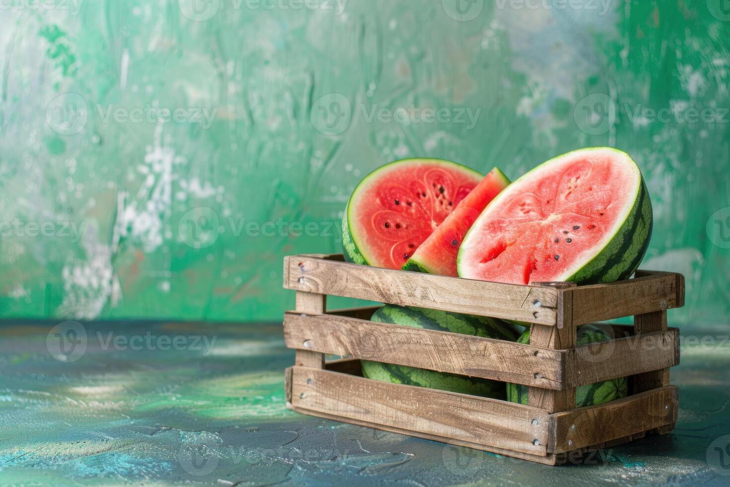 Fresh watermelon slices resting in rustic wooden crate on vibrant green backdrop photo