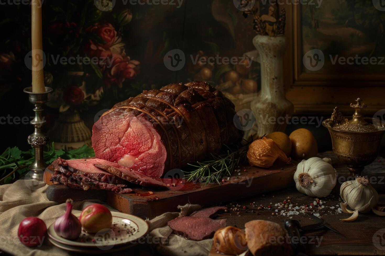 Sliced roast beef on cutting board with rosemary and garlic in rustic setting photo