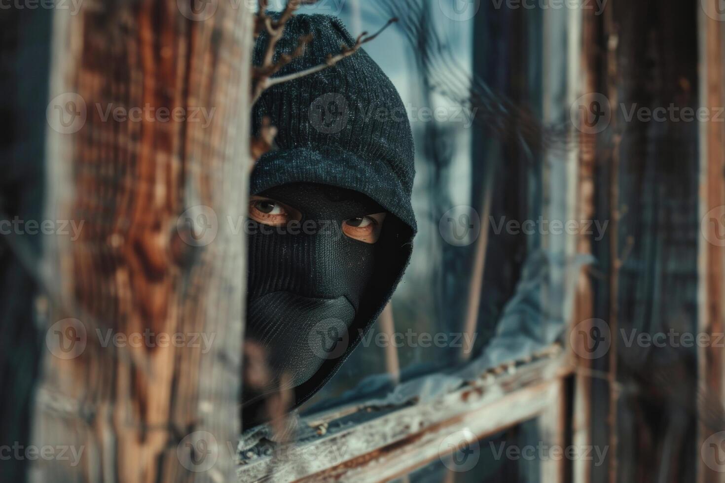 Masked criminal hiding behind wooden fence and peeking through broken window photo