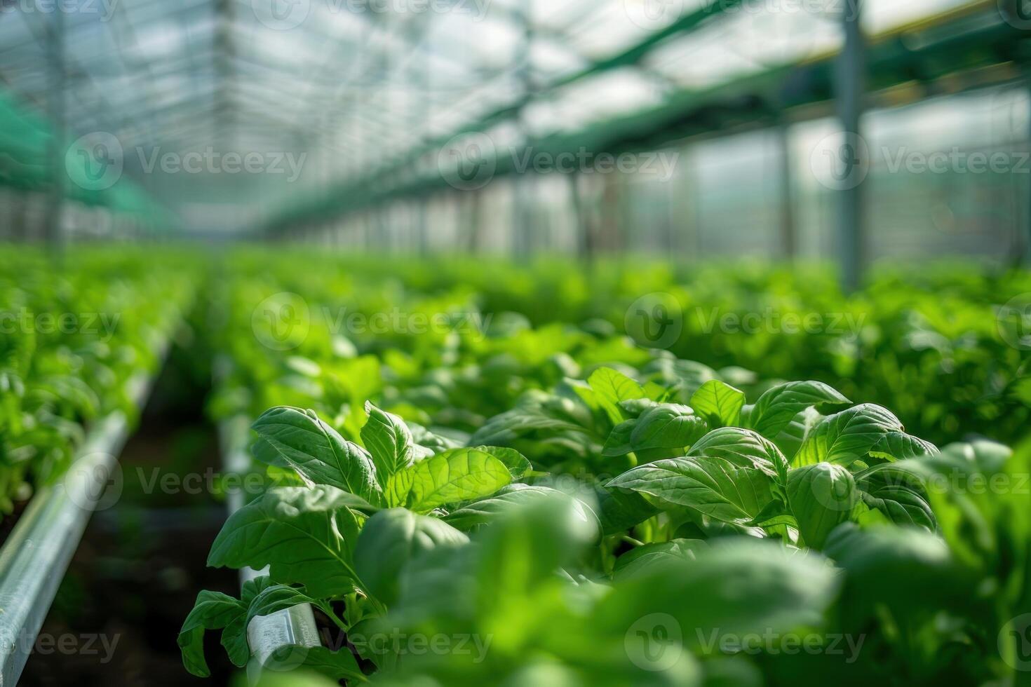 Green basil plants growing in greenhouse using hydroponics system photo