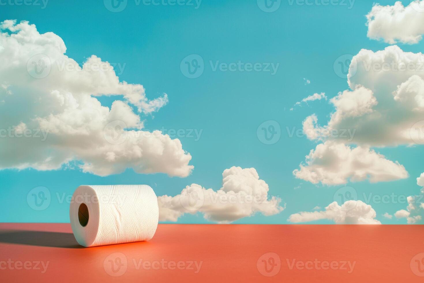 Toilet paper roll standing on a surface with cloudy sky background photo
