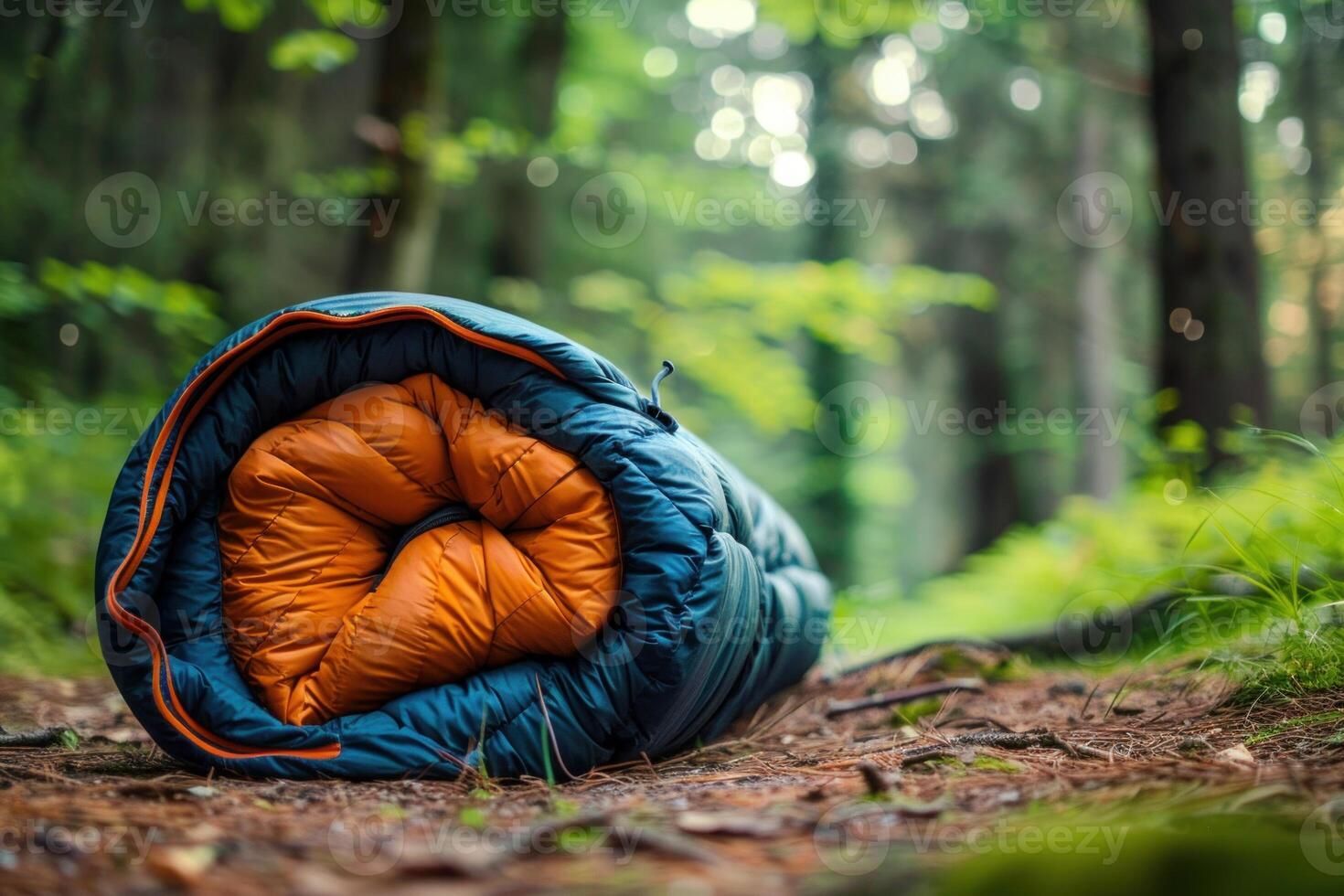 Rolled up orange and blue sleeping bag lying on forest floor photo