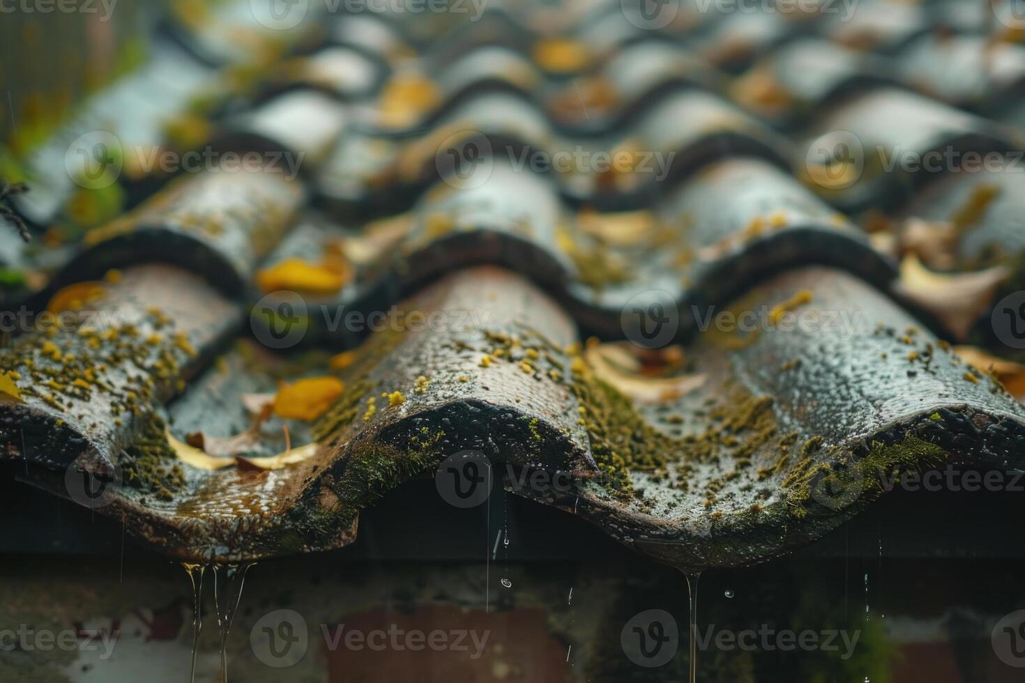 Rain dripping from a mossy roof with autumn leaves in a rainy day photo