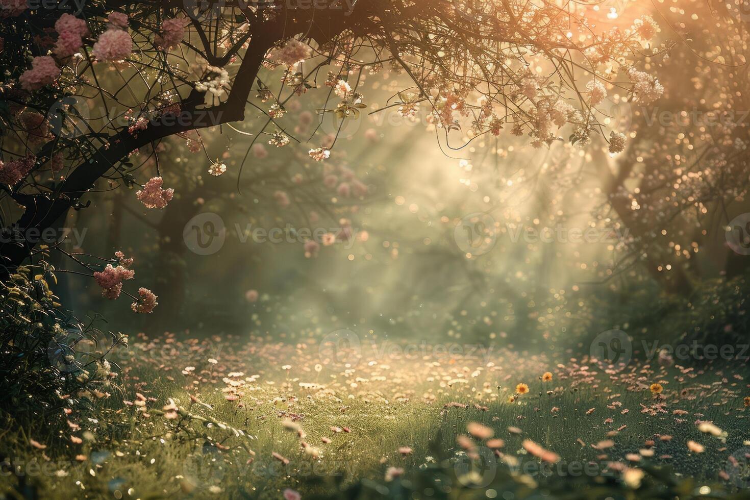 Blossoming tree branches hanging over blooming meadow in spring sunlight photo