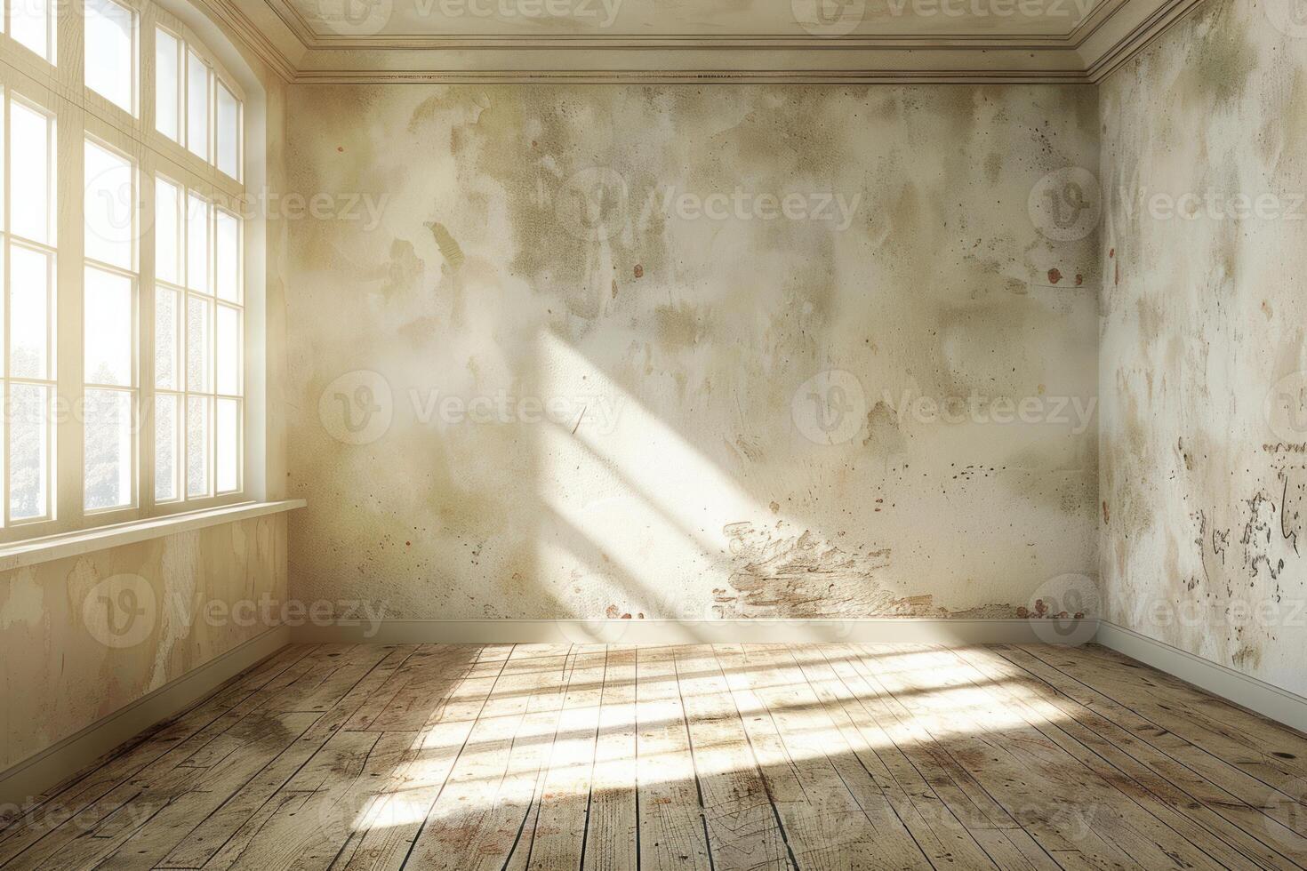 Sunlight illuminating empty room with weathered walls and wooden floor photo