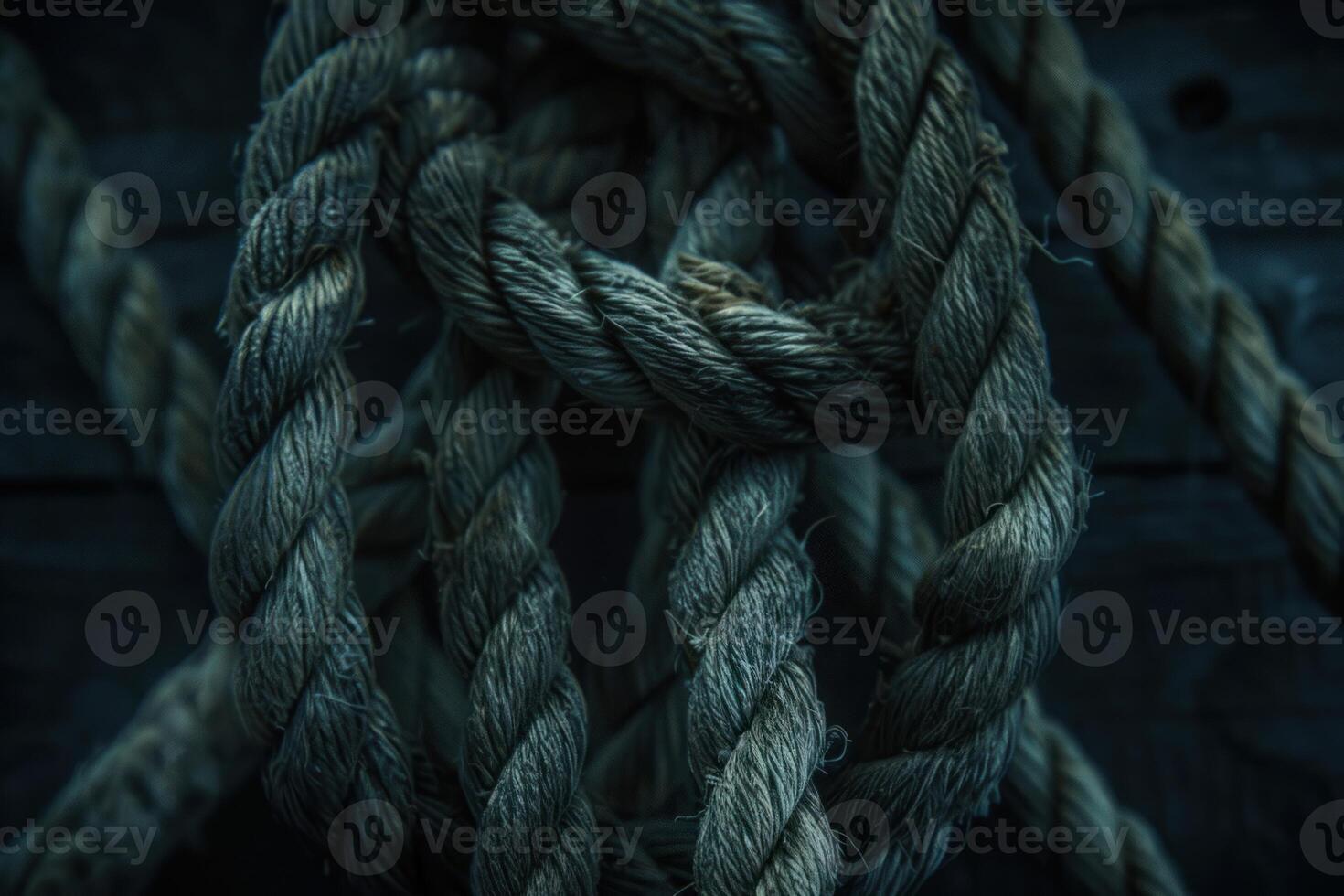 Thick rope coils creating intricate knots on dark wooden surface photo