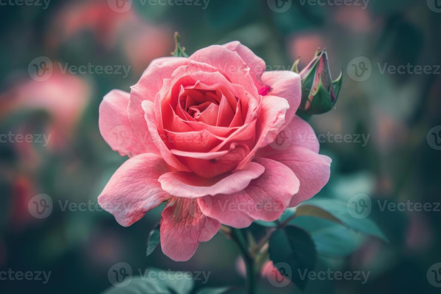 Pink rose blooming in garden with blurred background photo
