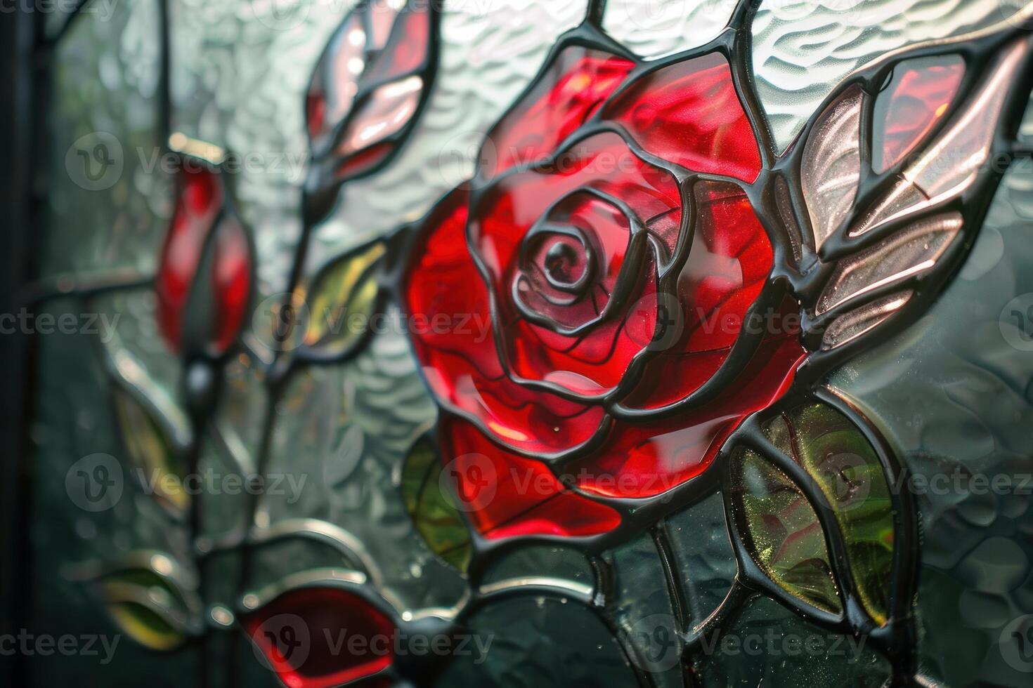 Red rose blooming on stained glass window photo