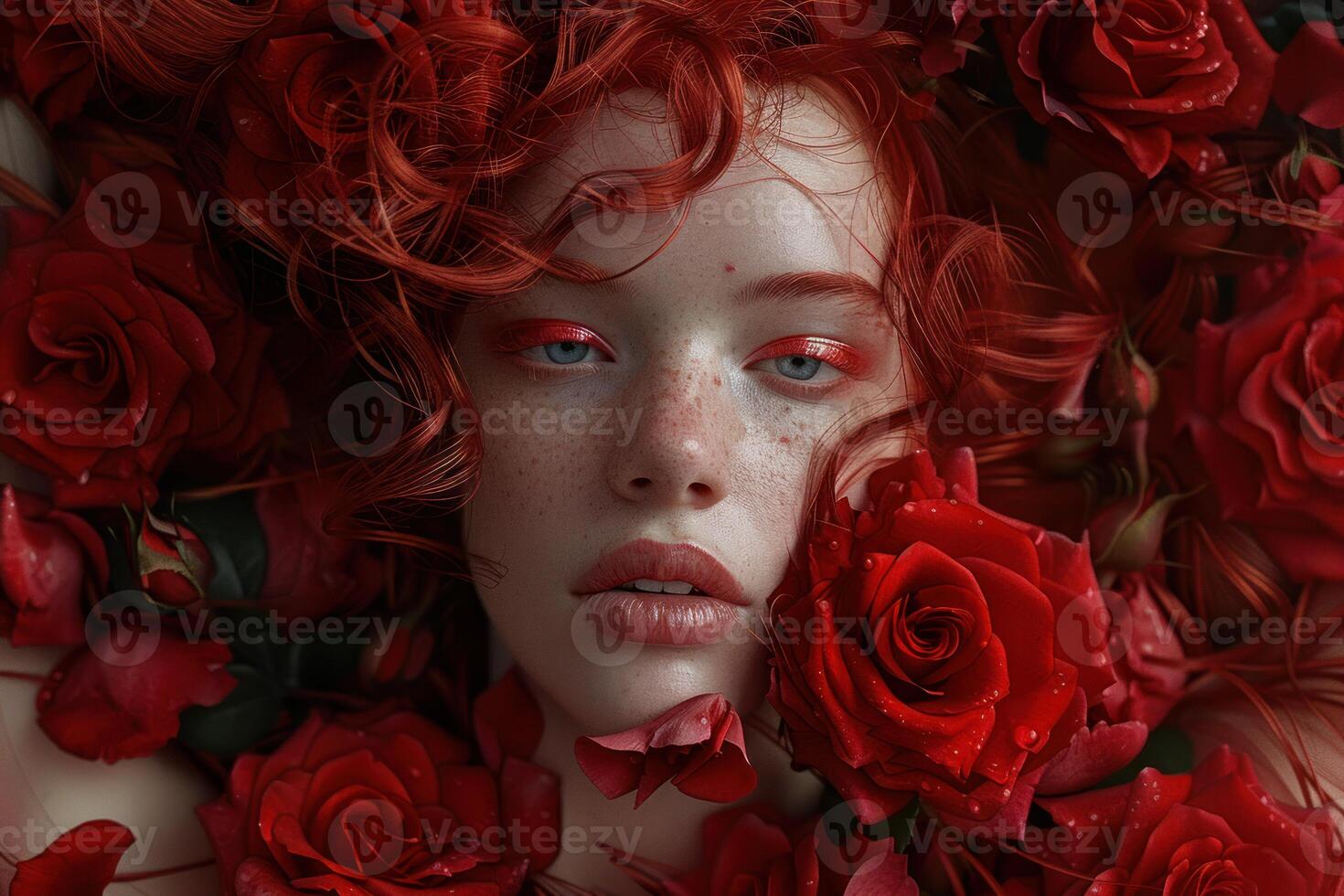 Redhead model posing with red roses and matching makeup photo