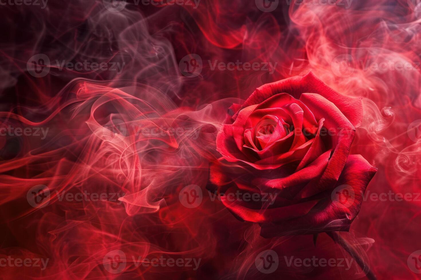 Red rose emerging from a cloud of red smoke photo