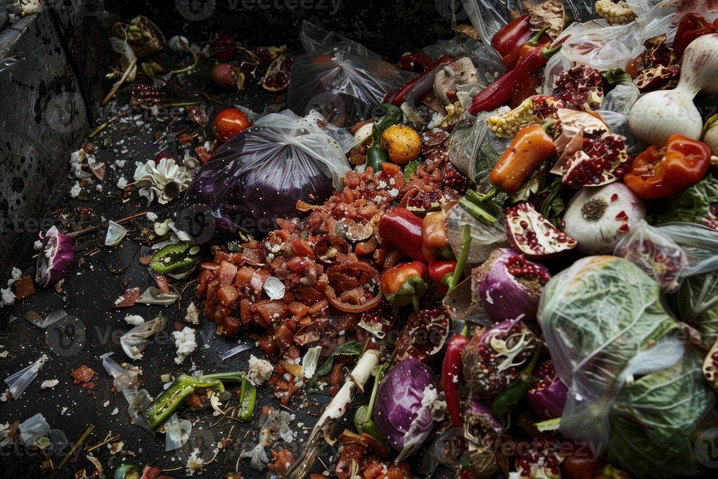Rotten food waste in garbage container creating unpleasant smell photo