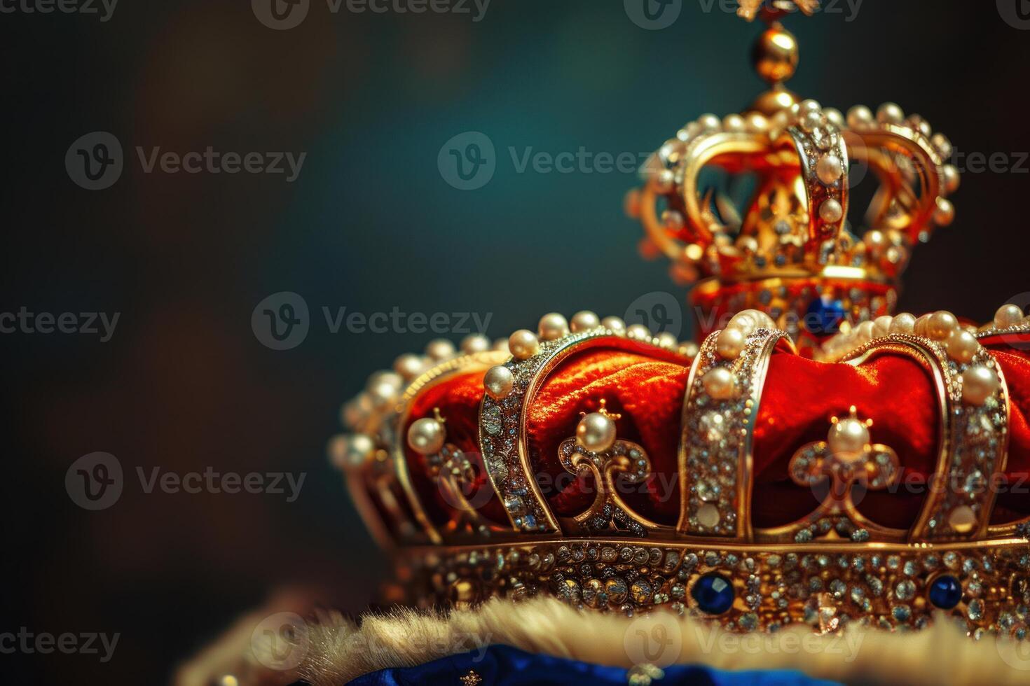 Golden royal crown resting on velvet cushion, embellished with jewels and pearls photo