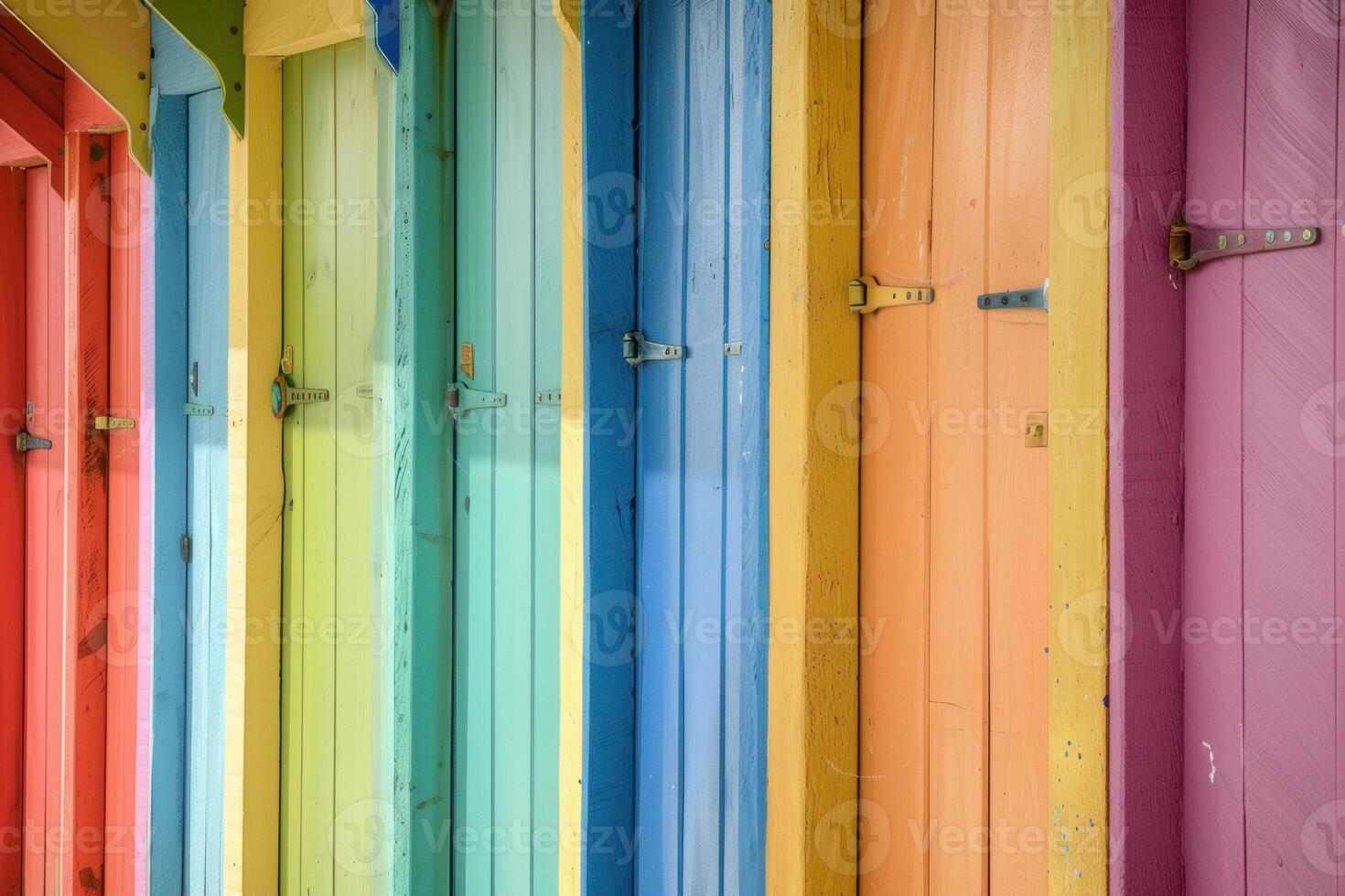 Colorful beach huts creating a vibrant rainbow pattern on the coastline photo