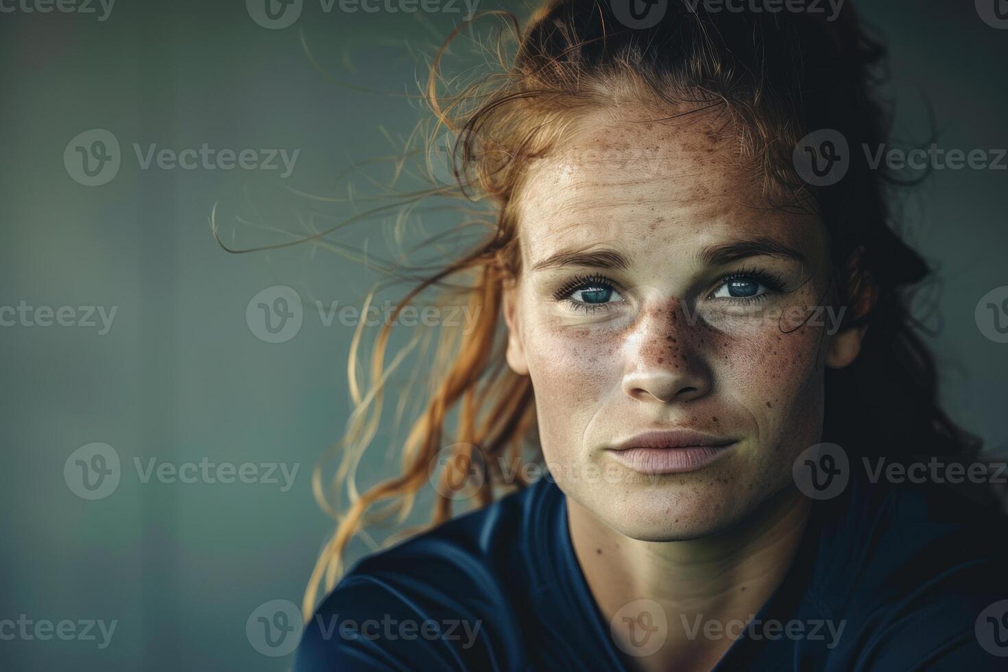 Portrait of confident sportswoman with freckles and windblown hair photo