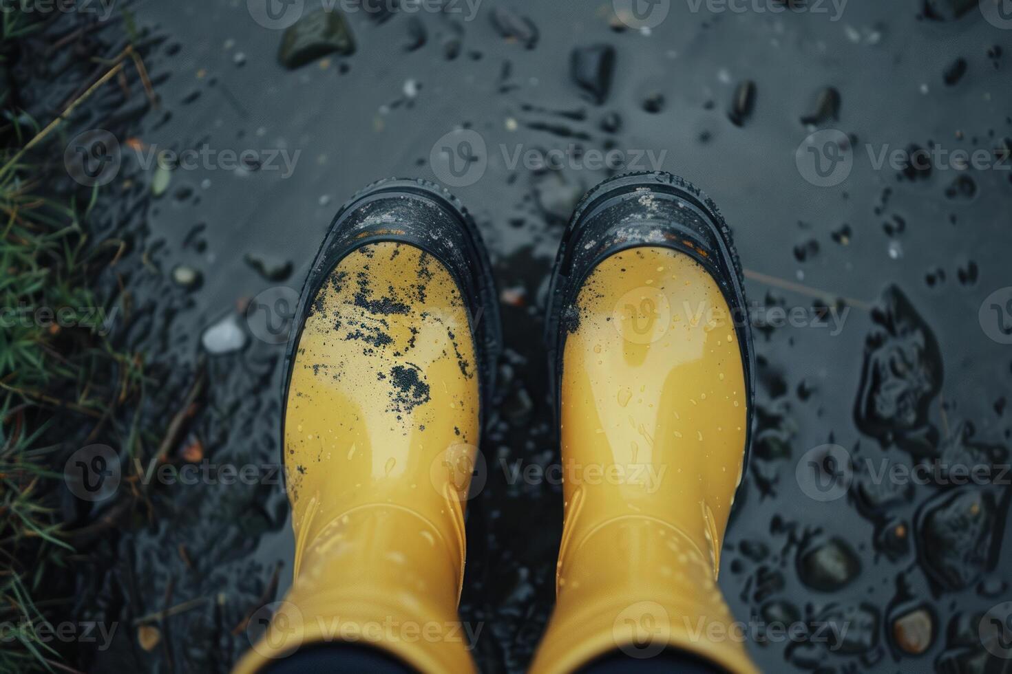 Yellow rubber boots standing in a mud puddle after rain photo