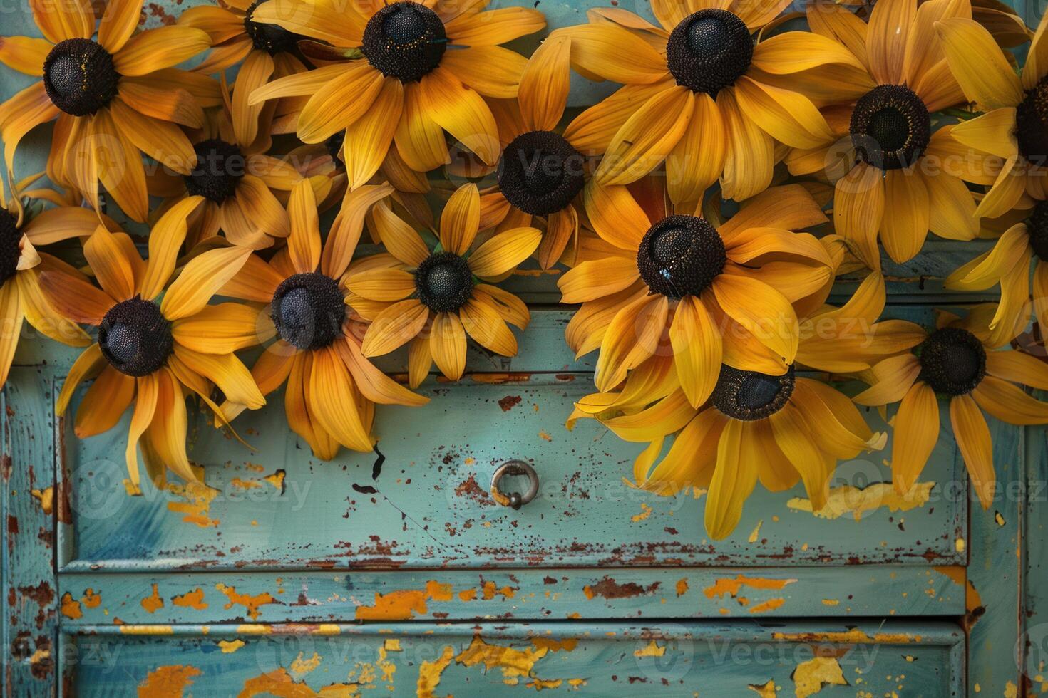 Black eyed susans cascading over rustic turquoise drawer photo