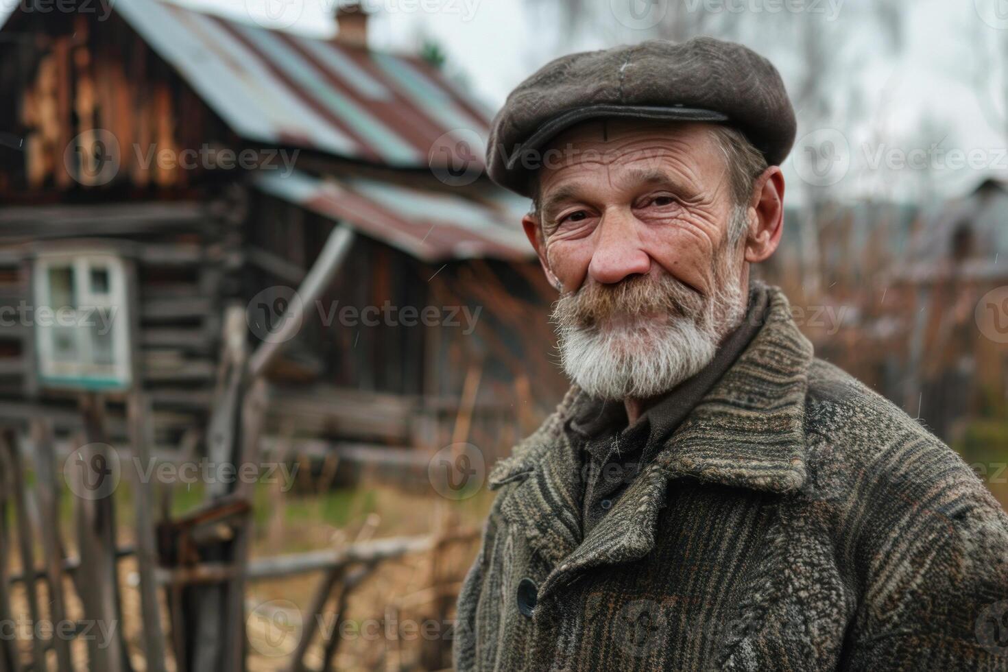Portrait of smiling senior farmer standing in front of wooden country house photo