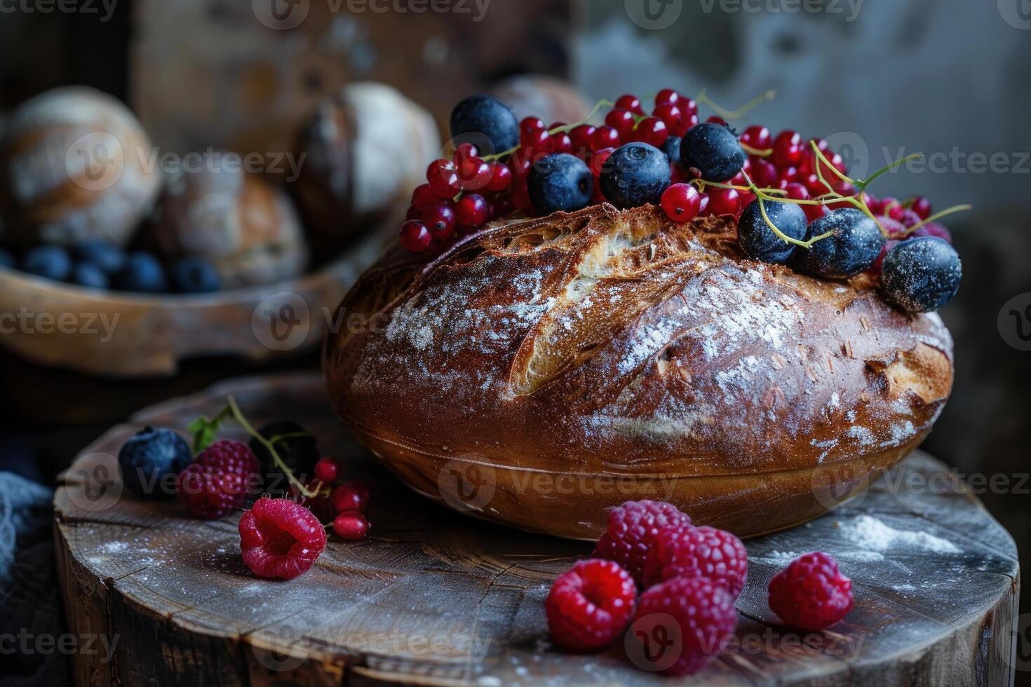 Freshly baked round loaf of bread decorated with berries on rustic wooden surface photo