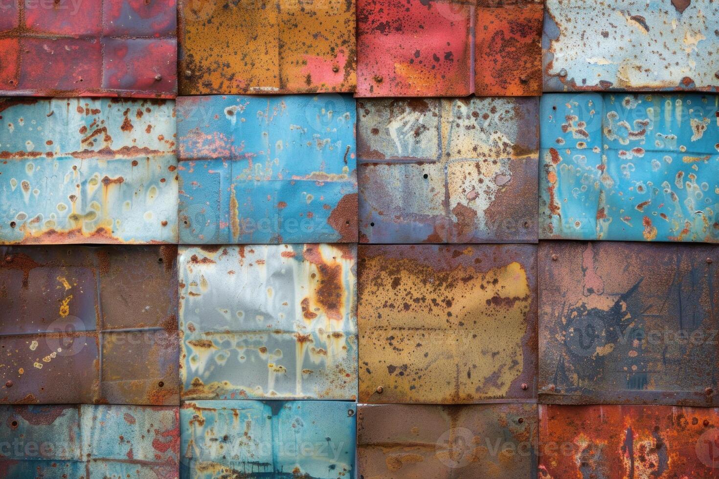Colorful rusty metal panels showing signs of ageing creating an abstract pattern photo