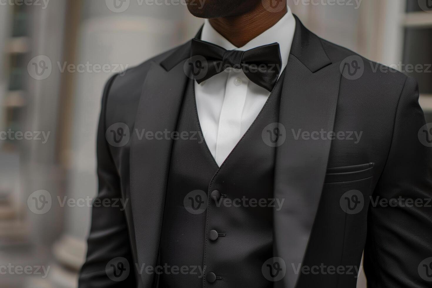 Businessman wearing elegant black suit with bow tie photo