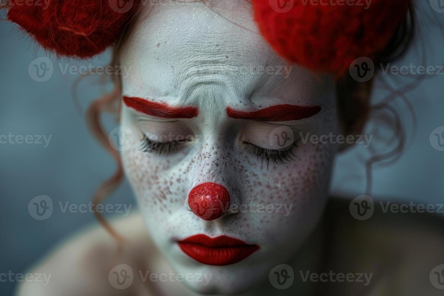 Sad clown with eyes closed expressing melancholy and loneliness photo